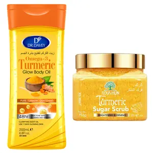 Turmeric Omega3 Glow Body Oil Turmeric sugar scrub Skincare Set for Cleaning, Moisturizing, and Moisture Skin with Long lasting Fragrance, Suitable for Men and Women, Large Capacity
