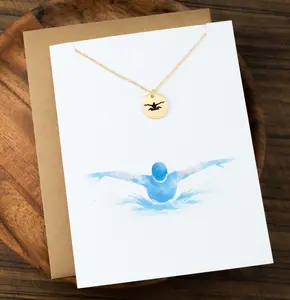 Swimmer Necklace, Engraved Swim Pendant, Swim Team Jewelry Gift, Coach Team Mate Necklace Gold or Silver Keepsake Gift With Greeting Card