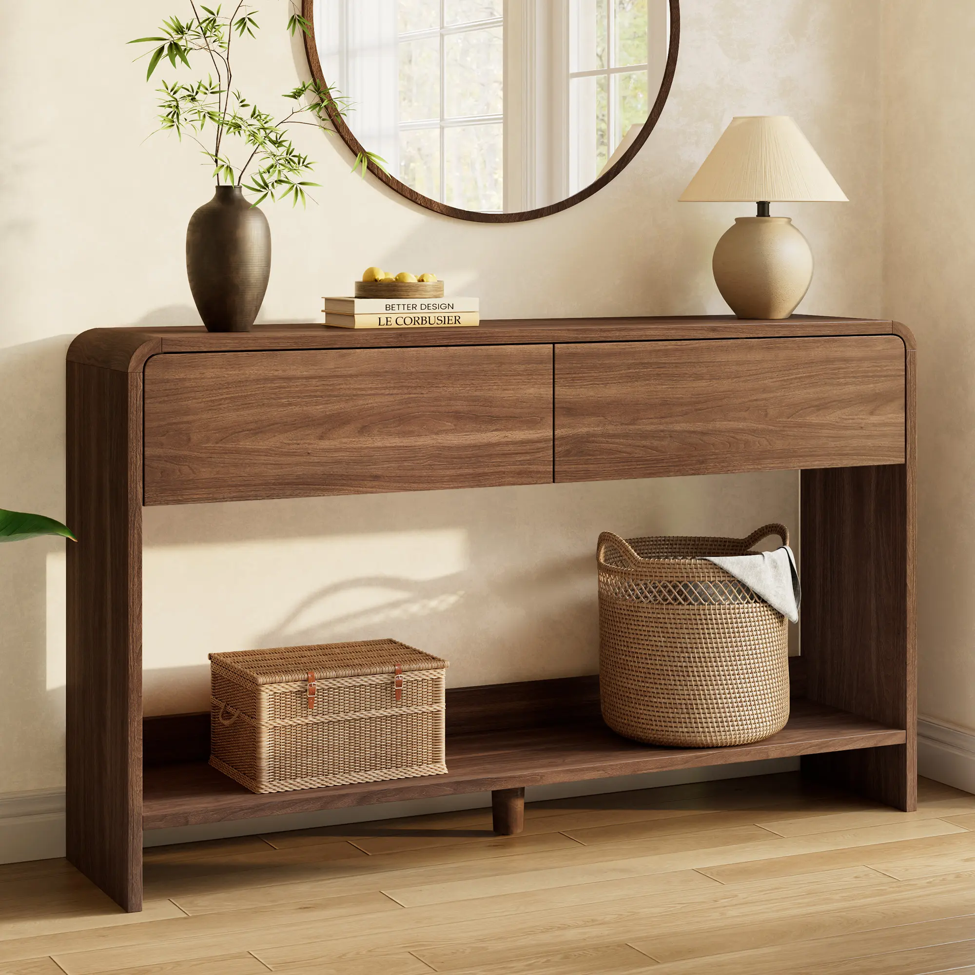 AMERLIFE 33.5" High Multifunctional Rectangular Engineered Wood Console Table - Hallway Tables, 2 Storage Drawers, Open Shelf, Curved Edges, Sturdy Legs, Hardware, Assembly Guide, Easy Setup for Small Entryway #tiktokshopstockup