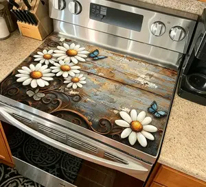 1pc Kitchen Stove Countertop Mat, Hand-Painted Daisy Butterfly Countryside Style Pattern, 28.3 * 20.5 Inches, Polyester Protective Cover, Anti-Slip, Anti-Fouling And Absorbent Pad, Used for Kitchen Decoration, Countertop, Kitchen