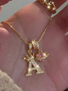 Heart Cz Crown Letter Pendant Necklace, Personalized Initial Alphabet Design, Luxurious Copper Material, Ideal for Daily Wear & Gifts, Heart Shaped Necklace
