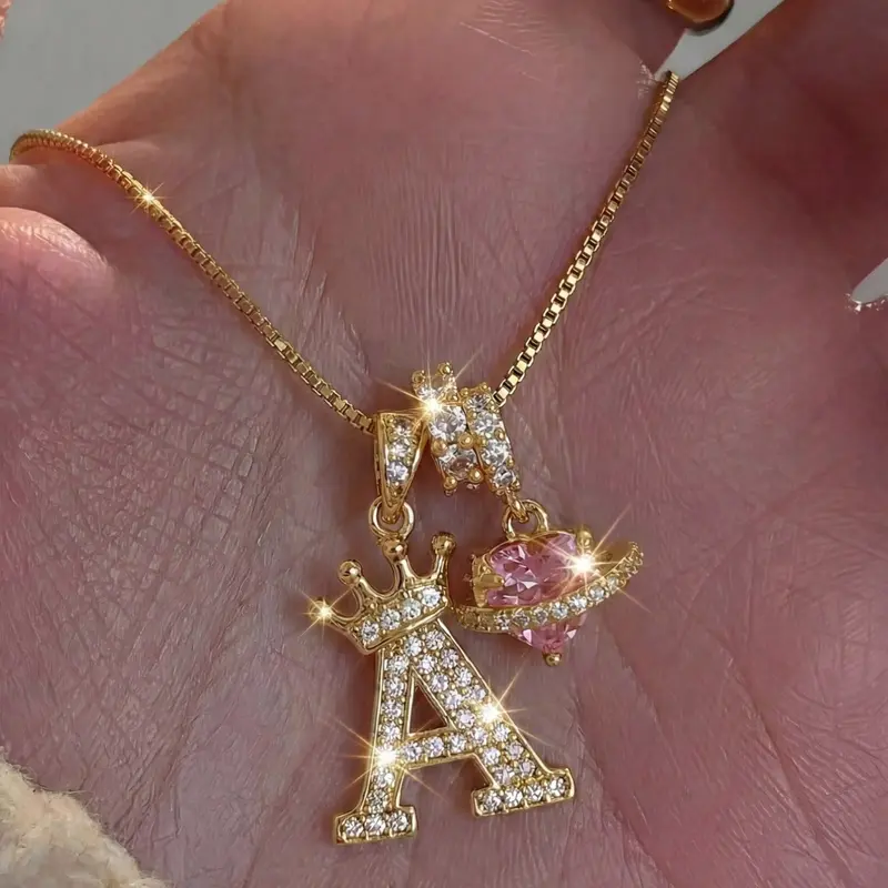 Heart Cz Crown Letter Pendant Necklace, Personalized Initial Alphabet Design, Luxurious Copper Material, Ideal for Daily Wear & Gifts, Heart Shaped Necklace, Jewelry Necklace, Elegant Necklace