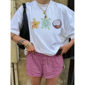 Tropical Flower Sea Turtle Coconut Graphic Tee Women Oversized Crewneck Short Sleeve Summer Vacation Beach Casual Streetwear Soft Cotton Shirt