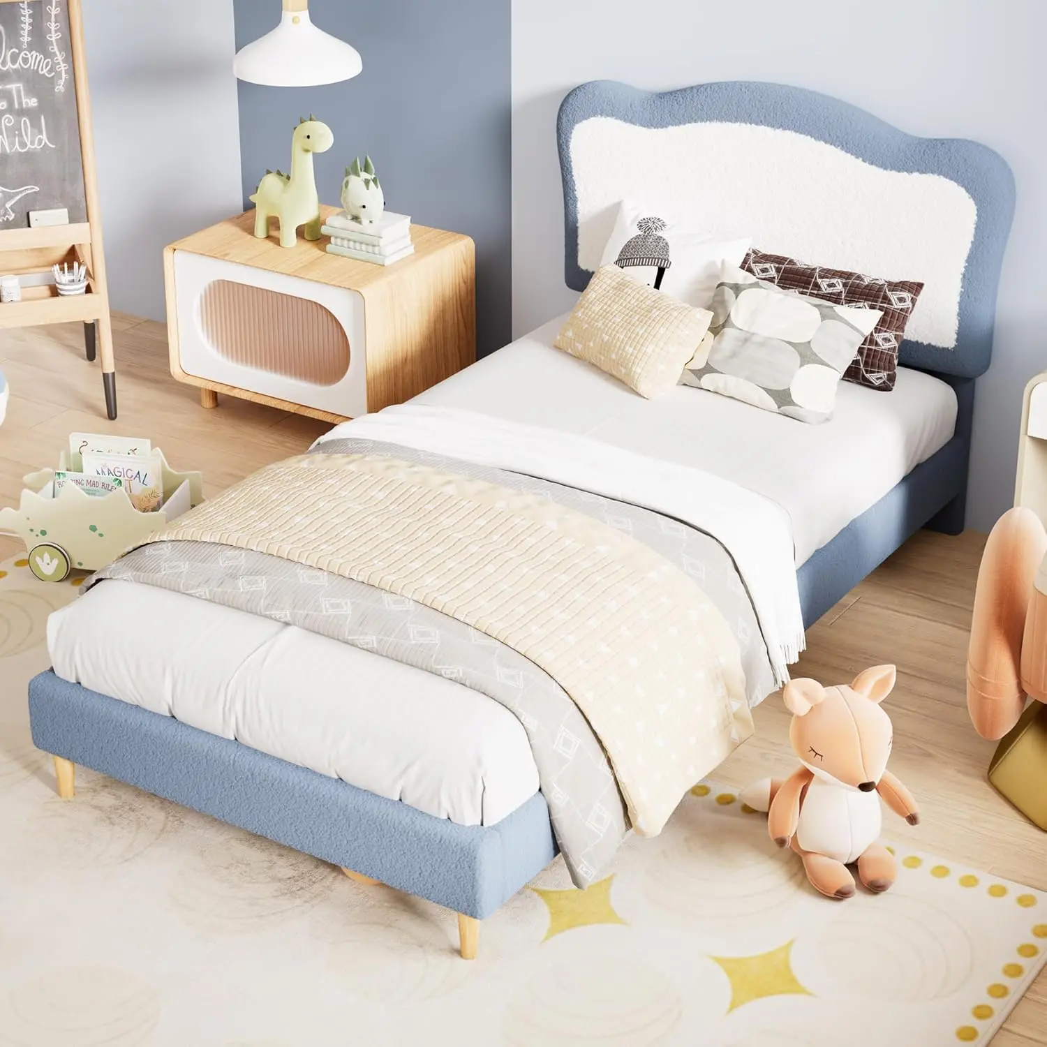 Kids Upholstered Platform Bed with Scalloped Cloud Headboard – Soft Lamb Fleece, Noise-Free, Low Profile, Available in Twin Pink/White, Twin Light Blue/White, Full Pink/White, or Full Light Grey/White