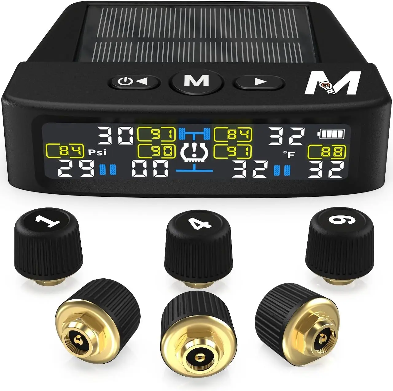 Marcala V2.0 Trailer Tire Pressure Monitoring System | 32-Foot Extended Range RV TPMS | 0-98/144 PSI for RV/Camper/Towing | Solar Charge & 6-Alarm Trailer TPMS | Prevent Flats & be Safer