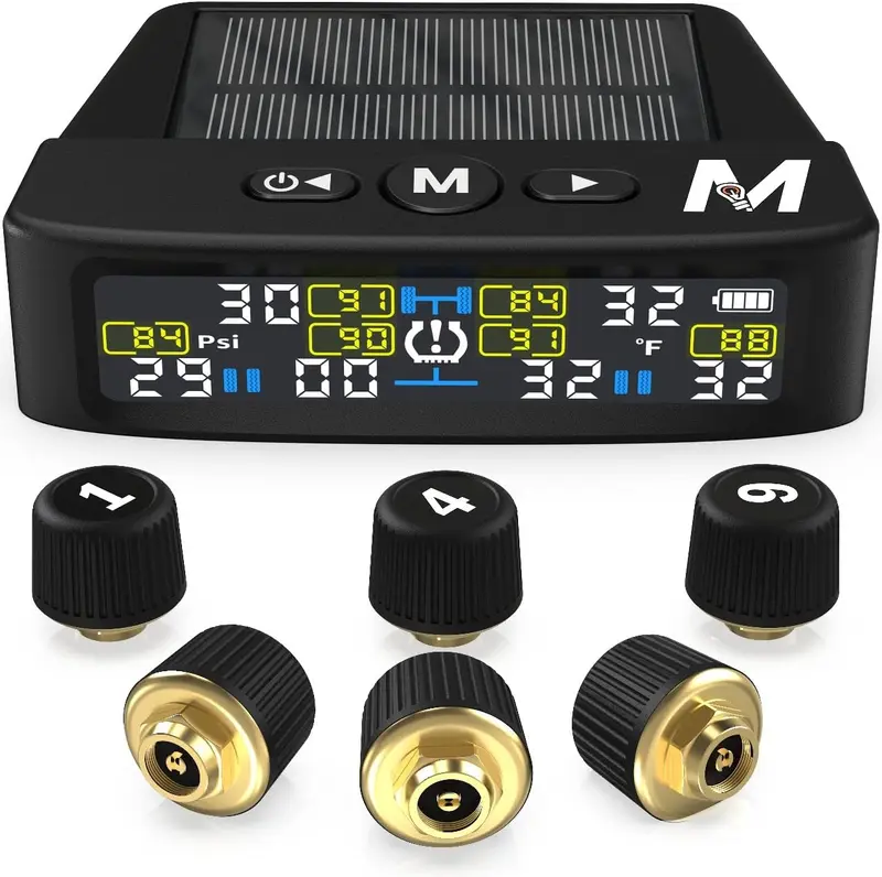 Marcala V2.0 Trailer Tire Pressure Monitoring System | 50-Foot Extended Range RV TPMS | 0-98/144 PSI for RV/Camper/Towing | Solar Charge & 6-Alarm Trailer TPMS | Prevent Flats & be Safer