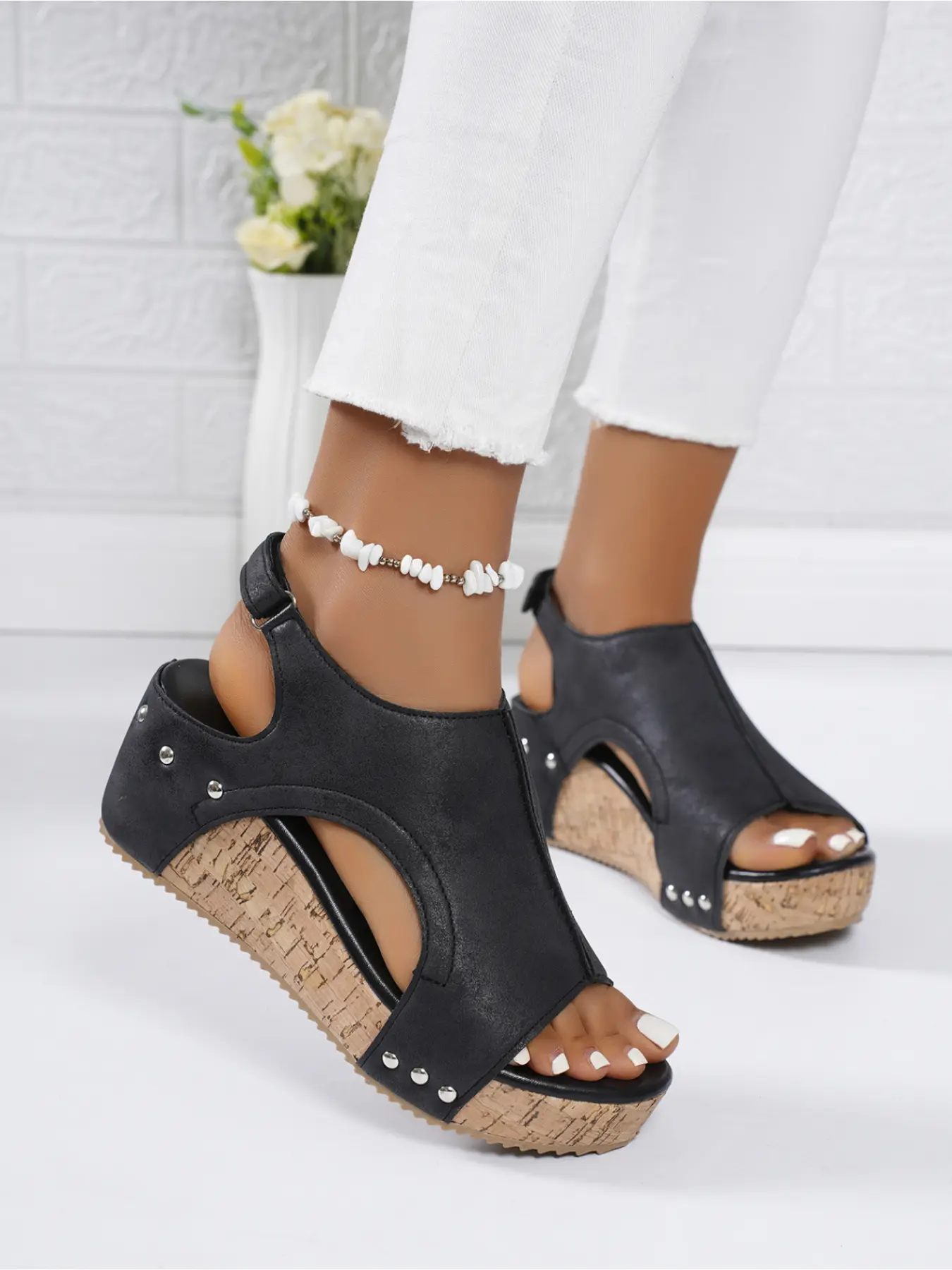 Women's Cork Heel Mules Sandals Summer Retro Casual Office Work Shoes Multi Color Non Skid Platform Slippers Breathable Non Slip High Heels Breathable Platform Classy Stylish Footwear
