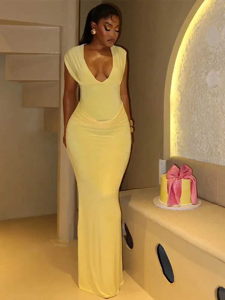Elegant Fashion Trendy Ruched Bodycon Dress (Yellow)