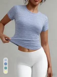 Women's Spring Summer Pure Color Round Neck Moisture-Wicking Breathable Casual Sports T-Shirt, Loose Fit Short Sleeve Tee