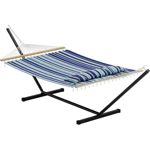 Blue 57" Double Hammock with Carry Bag, 2 Person Hammock with Heavy Duty Metal Stand, Cotton Fabric, Widening Design, 450 LBS Weight Capacity, Suitable for Indoor Outdoor