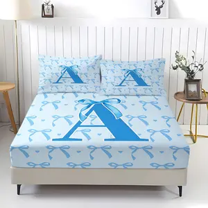Initial Letter A-Z Girls' Fitted Sheet,Blue Alphabet Bedding Set,Including 1 Bed Sheet and 2 Pillowcases,Non slip Dust Cover Suitable for Bedroom and Guest Room,Suitable for Personal Use or Gift Giving,Bedsheet Sets, Bed Sheets Set