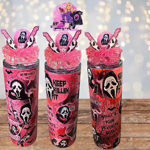 Pink Ghost Halloween Character 20 Oz Light Up Ice Tumbler With Pink Ice And A Removable Magnetic Lid