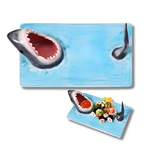 Shark Sushi Plate - Hand-Painted Ceramic - Lead-Free - Food-Safe Materials - Secure and Sturdy - Microwave/Oven/Freezer/Dishwasher Safe - Snackle Tray