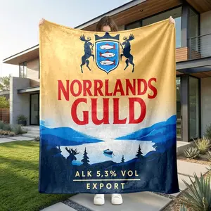 1pc Norrlands Guld Swedish Beer Label Flannel Blanket, Featuring Red Bold Lettering with Moose and Fish Shield Crest, Mountain Lake Scenery and Boat Print, Sofa/Bedroom/Car/Travel Warm Blanket, Mu