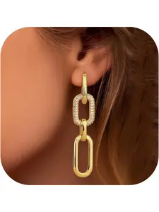 Gold Earrings for Women Convertible Hoops Earrings Huggie Earrings Long Link Chain Earrings Dangle Drop Earrings Hypoallergenic Sleeper Earrings Gold Hoops Earrings for Women Girls Tear Drop Earring