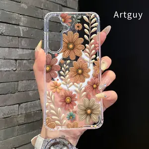 Magnetic Soft Case for  Samsung Galaxy S23 Ultra S24 Plus FE S25 S22+ Features Floral Leaf Design Pattern Anti-Yellowing Shockproof ultra-thin Silicone Crystal Transparent Acrylic Large Hole Cover Supports Wireless Charging