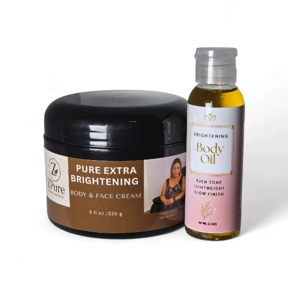 Body Care Set (2-Piece) - 8 oz Pure Extra Brightening Cream for Face & Daily Use, 2 oz Shine-Enhancing Radiant Cosmetic Oil Body Care Bundle Body Care Pack Bodycare Package Set Body Lotion Kit