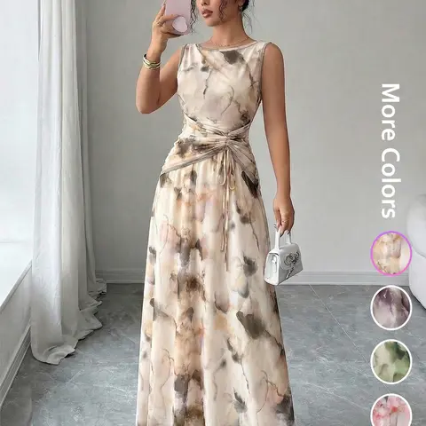 Spring Summer Women's French Vintage Ink Wash Print Sleeveless Dress, Waist Tie Slimming, Elegant A-Line, Perfect for Art Exhibits, Vacations, Formal Events