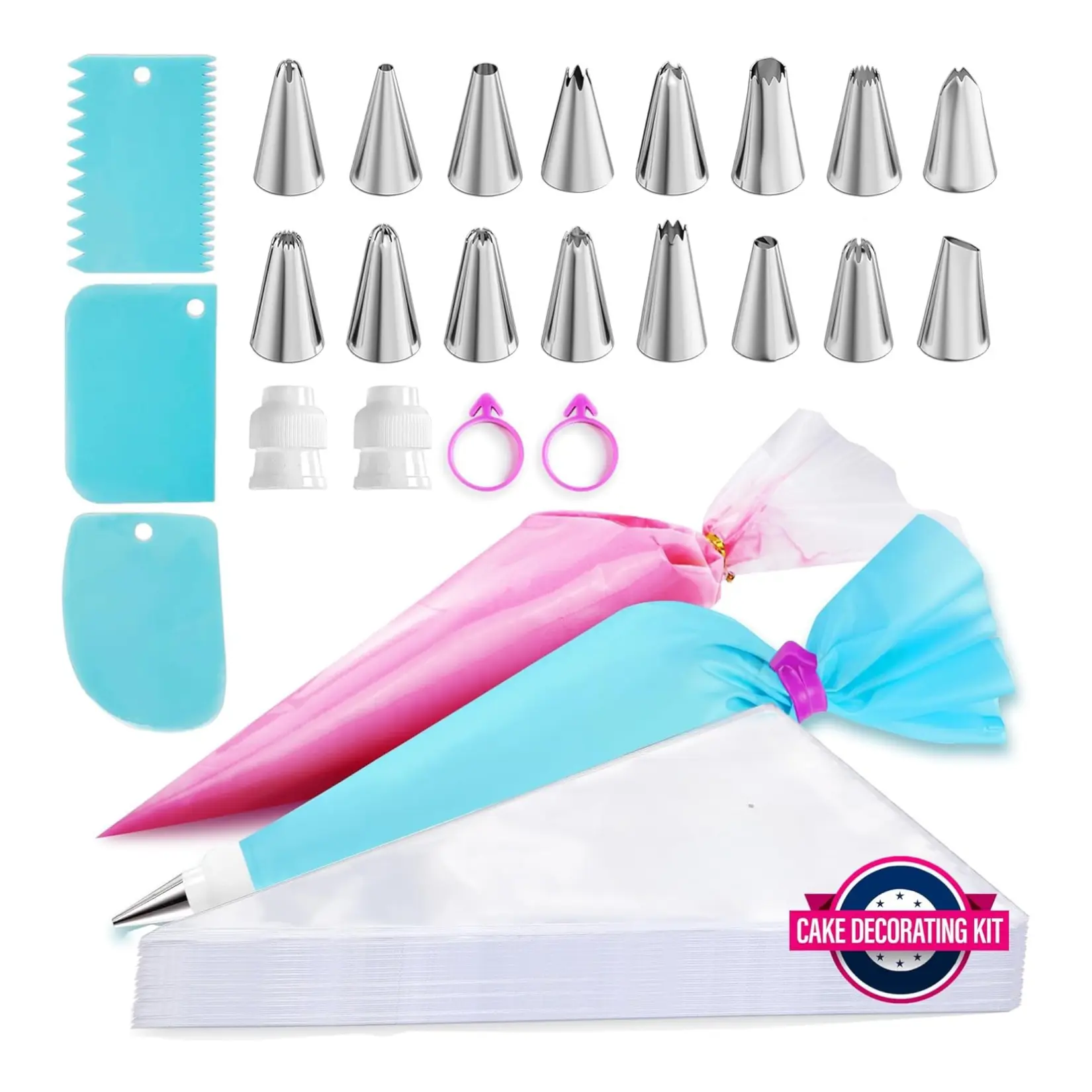 124 Pcs Cake Decorating Kit,Piping Bags Tips Set, 100 Anti Burst Piping Bags, 1 Reusable Pastry Bags, 3 Cake Scrapers, 2 Couplers, 2 Icing Bags Ties