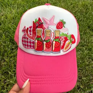 For the Love of Strawberry Shortcake Red Trucker Hat with Strawberry Design and Bottles Motif