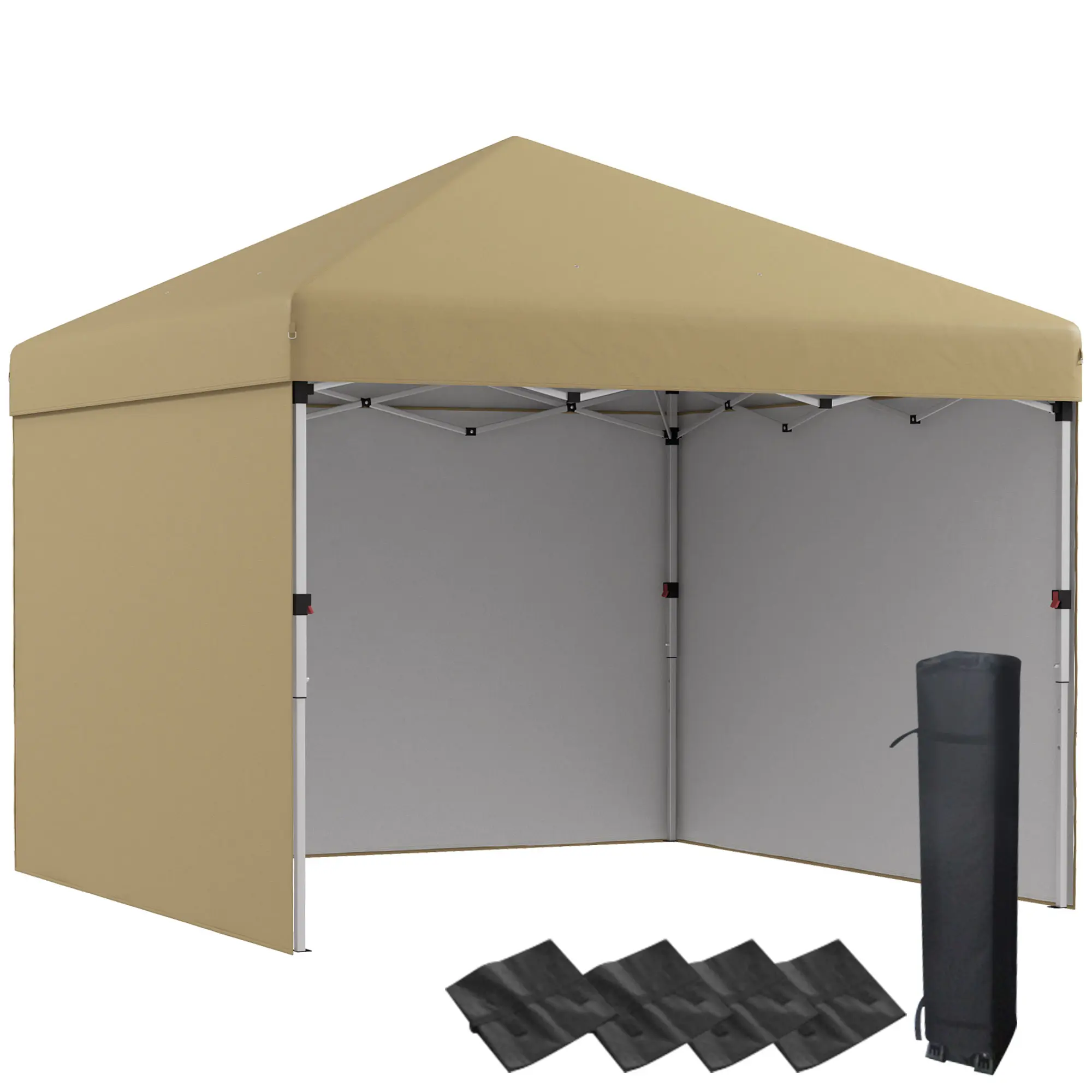 Outsunny 10'x10' Sturdy Polyester Portable Pop Up Canopy Tent - Height-Adjustable Rain and Sun Shelter with 3 Removable Sidewalls, Leg Weight Bags, Stake Anchors, Carry Bag, Beige for Garden Cookouts, Beach Cabana (Assembly Required)