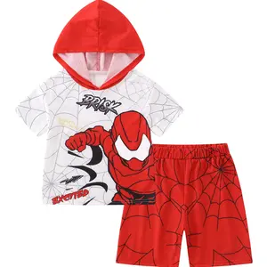 Boys' Hooded Short-Sleeve Top and Shorts Set - Casual Outfit with Spider Print