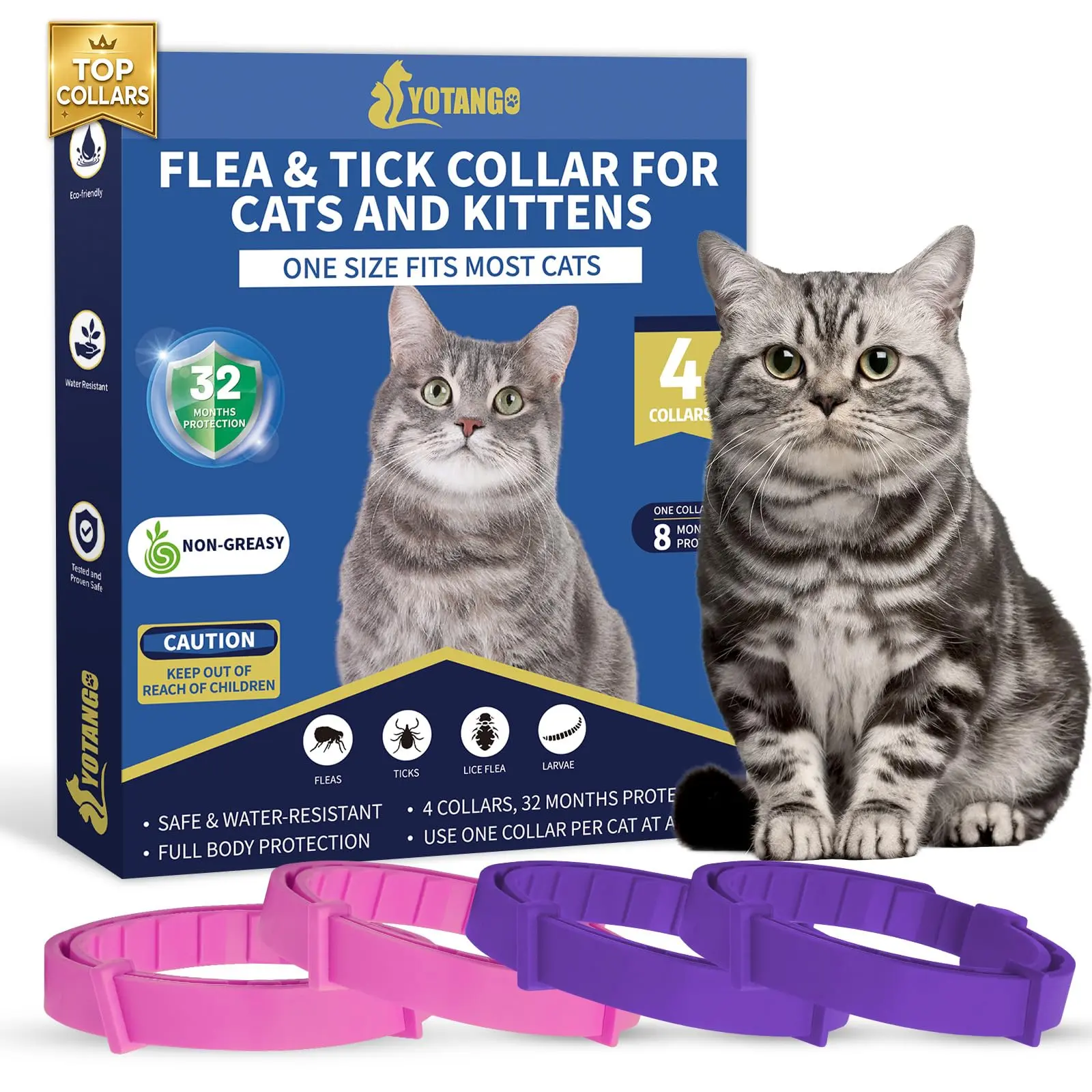 Flea Collar for Cats, Cat Flea and Tick Collar, 4 Pack, 32 Months | Waterproof, Lightweight and Adjustable for Cats and Kittens. Crafted from 100% Natural Essential Oils and Flexible Rubber