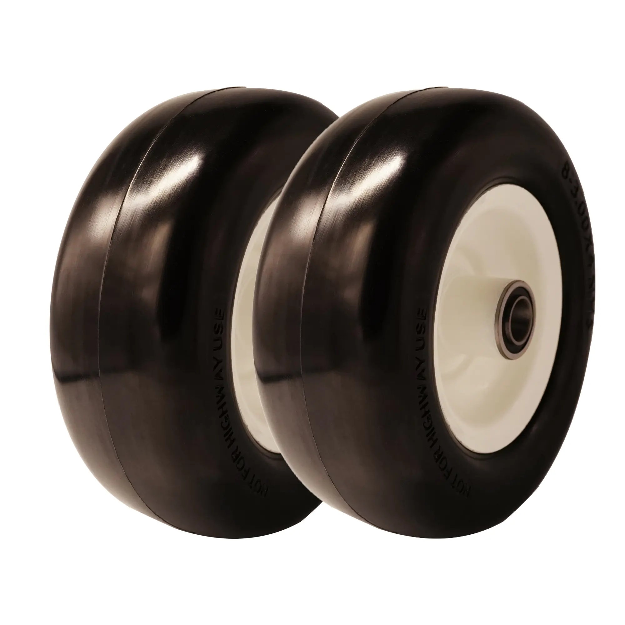 8x3.00-4 Flat Free Tire with 3/4 & 5/8 Bearings, 3.25-4.75” Center Hub Solid Wheel Replacement for Walk-Behind Mower, Flat Free Smooth Tire and Wheel Lawn Mowers & Garden, Set of 2