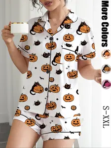 【Halloween】Women's Halloween Pajama Set, Cute Cat & Pumpkin Print Sleepwear, Casual Loose-Fit Long Sleeve Top & Shorts, Comfortable Home Wear