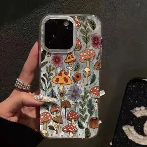 Fairycore Mushroom Floral Case for iPhone 17/16/15/14/13/12 Pro Max/Pro/Plus/Air Holographic Shockproof Slim Fit TPU PET Material Colorful Durable Flower Protective Casing Protection Cover