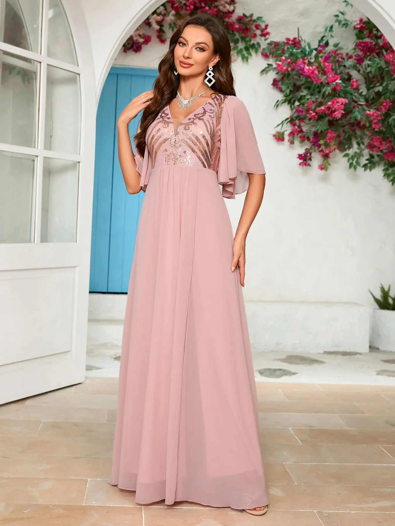 Elegant V-Neck Sequined Chiffon Trumpet Sleeve Dress, Waist-Tapered Draped A-Line Evening Party Gown, Non-Marking Flower Design
