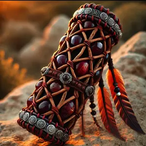 Fossilized Cactus Rain Stick Handcrafted One-of-a-Kind with Red Cactus Beads and Unique Design