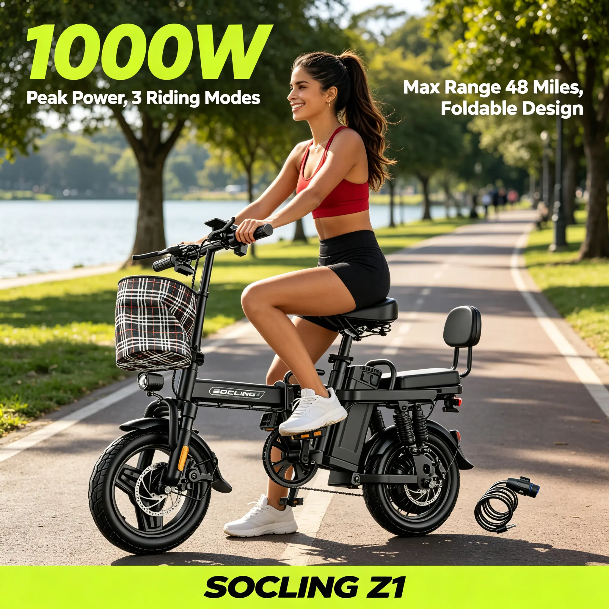 On Sale#Urban SOCLING Z1 14" Folding E-Bike Easy Fold To Store In Trunk 1000W Motor 15Ah Detachable Lithium Battery 48 Miles Long Range Dual Disc Brake & LED Display