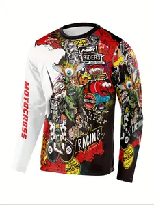Men's Off-Road Motorcycle Riding Suit, Trendy Print Long Sleeve, Design, Knit Fabric, Ideal for Downhill, Cycling, Mountain Biking, Racing Shirt