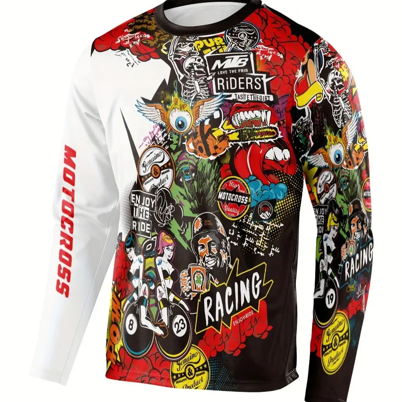 Men's Off-Road Motorcycle Riding Suit, Trendy Print Long Sleeve, Design, Knit Fabric, Ideal for Downhill, Cycling, Mountain Biking, Sportswear Clothing