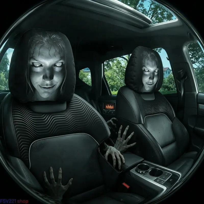 2-Pack Horror-Themed Fun Ghost Face Car Headrest Covers - Slip-On Stretch Comfortable Fabric, Cool Auto Accessories, Car Decorations, Halloween Goodie Items, Quirky Gifts