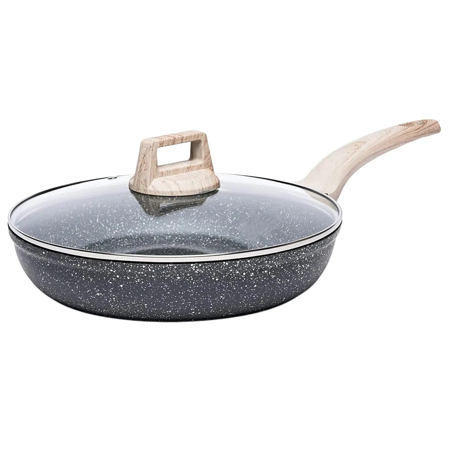 Non-Stick Granite Fry Pan with Glass Lid, Egg Cooker, Stone Pot Chef Skillet, Pfoa-Free, Heat-Resistant Handle, Compatible with All Stoves