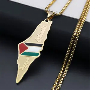 Vintage Palestine Map Pendant Necklace Retro Personalized Ornament with Gold Chain