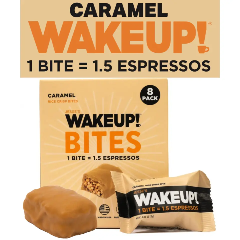 WAKE UP! Caffeinated Caramel Protein Bites - Gluten Free, Vegetarian, 175mg Caffeine (1 Bite = 1.5 Espressos) - Boosts Focus and Clarity - Kosher Ingredients - 8 Pack
