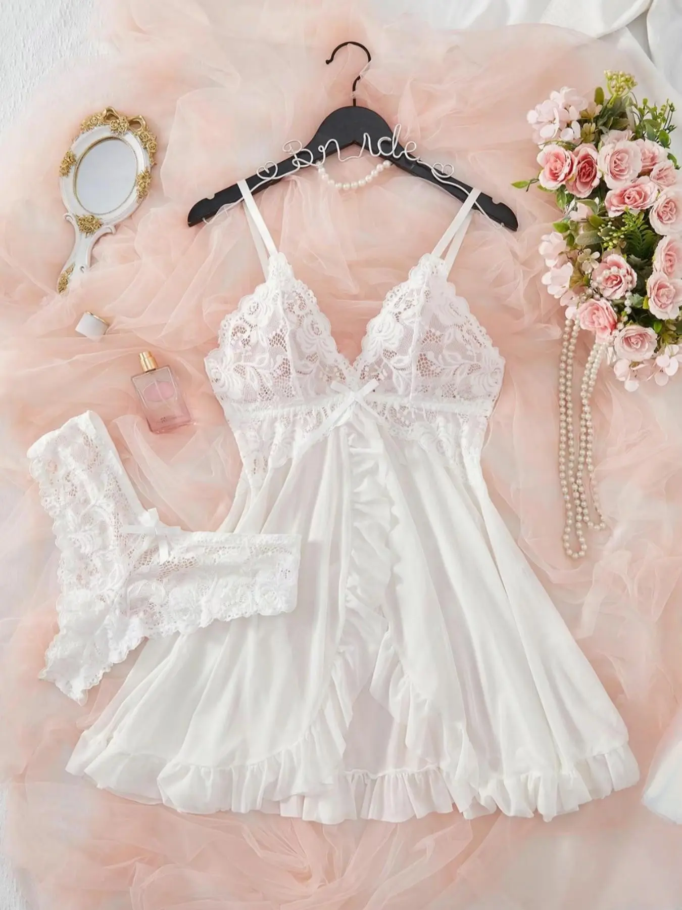 1 Count Women's Lace Lingerie Set, Nightgown Lingerie, Underwear, Spaghetti Strap V Neck Bow Detail Ruffle Hem Nightwear, Sheer Mesh Sleepwear With Matching Panty, Ruffled Loungewear For Bridal Honeymoon, Suitable For Valentine's Day