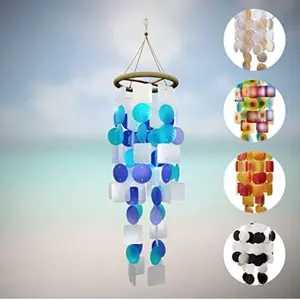 Unique Handmade Natural Seashell Wind Chimes, Capiz Indoor and Outdoor Wind Chimes with Cool, Natural Zen Charm, Soft Tones, Beautiful Colors, Easy Hanging Loop, Home Decor, White & Turquoise