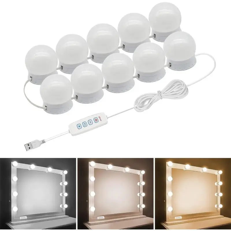 10-Bulb Hollywood Look LED Vanity Mirror Lights (Bulbs Included, Synthetic Components) - 3 Color Modes, Dimmable LEDs, USB Powered, 3M Stick-On Type, for Makeup Tables, Bathroom Supplies, 30-Day After-Sales Service