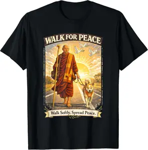 Peace Walking Monk & Aloka Dog Minimalist Zen Art Shirt, Walk For Peace Zen Meditation T- Shirt, Peaceful Graphic Shirts, Mindfulness Gift