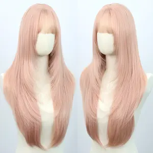 Women's Glueless Synthetic Full Machine Wig - Light Pink Bangs, Long Straight Strong Layering, Face-Framing Volumized Heat Resistant Style, Wigs Glueless for Daily & Party Wear (Suitable for All Skin Tones), Glueless Wigs