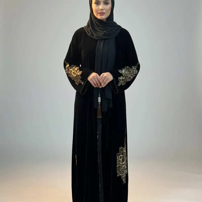 Velvet Abaya Maxi with Stone Work Black Velvet Abaya Featuring Intricate Stone Embellishments and Elegant Design