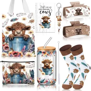 8-Piece Highland Cow-Themed Women's Christmas Gift Set, featuring a 16-ounce glass tumbler with lid and straw, canvas tote bag, hair clip, keychain, socks, card holder, and women's toiletry bag-perfect for Highland cow enthusiasts.