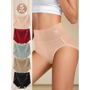 QUASTI 5PCS High Waist Full Coverage Milk Silk Underwear for Women, Elastic Abdominal Control Hip lifting Panties, Comfortable Breathable Soomth Biefs for Women, Soft Strech Panty for Ladies, Fashion Aesthetic Mixed Color Underwear , S-XXL