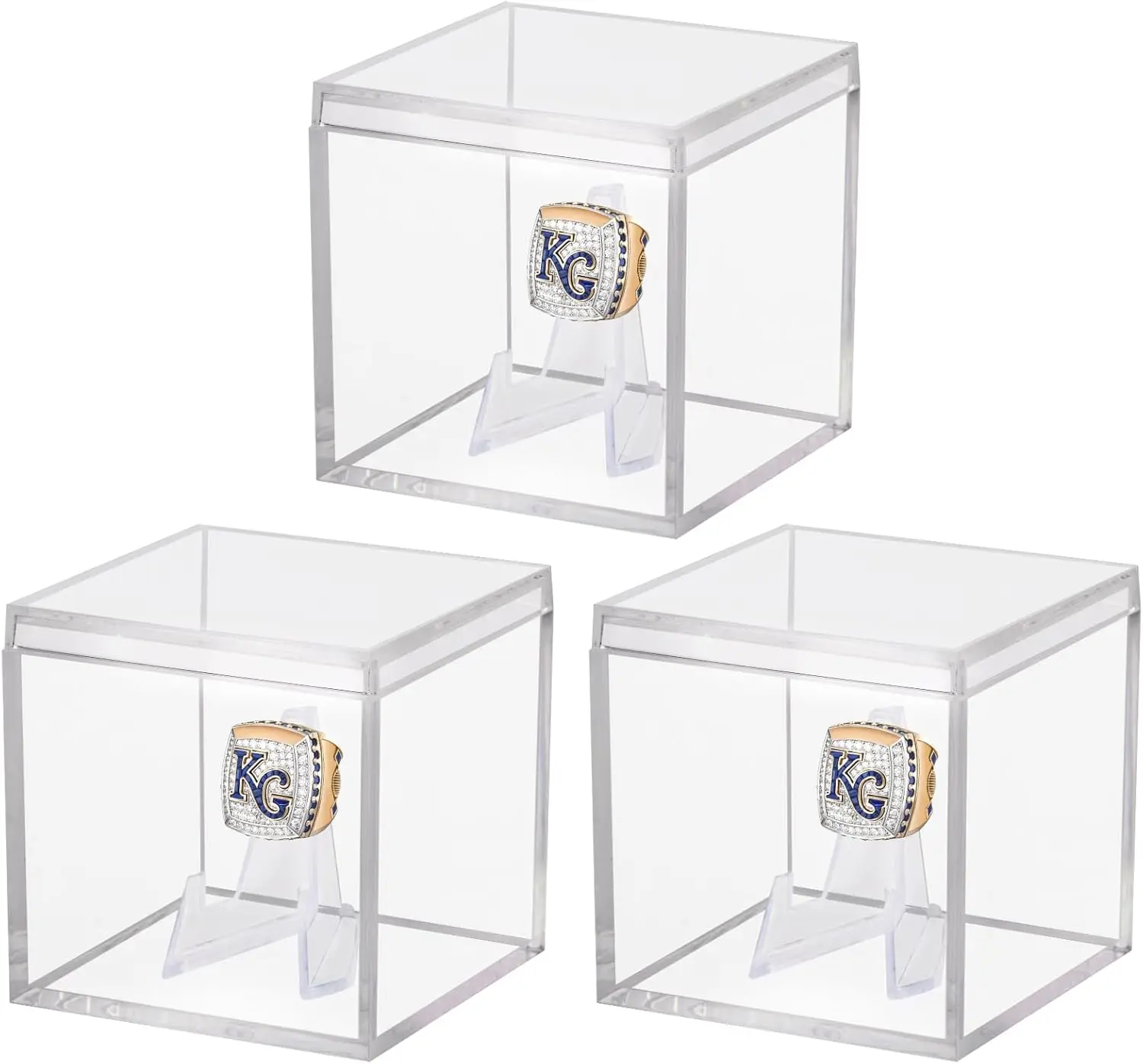 3 Pack Championship Ring Display Case Clear Acrylic Display Case Mini Football Baseball Softball Ring Holder Display Box Single Coin Stand 1 Slot Ring Hole Storage Box for Sports Fans, 2.16 Inch
