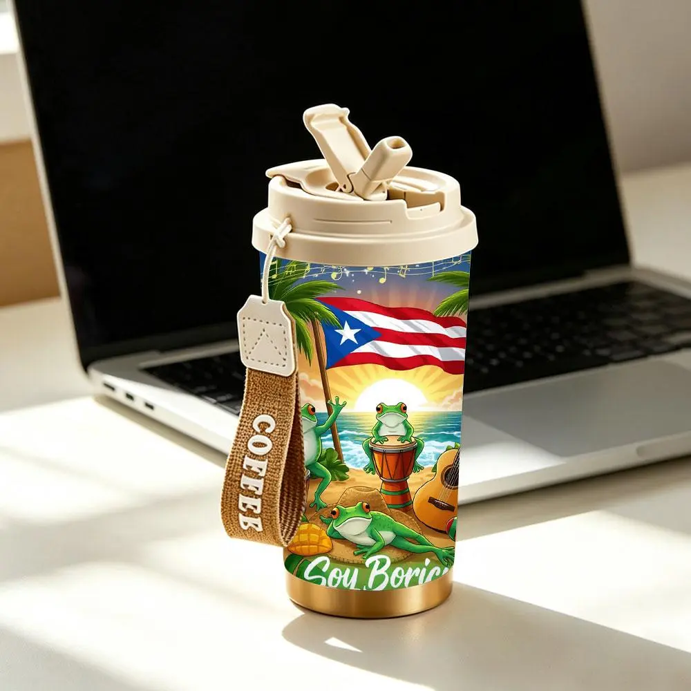 Boricua Fan Puerto Rican Celebration Insulated Stainless Steel Tumbler - Tropical Frog Art, Music Scene Design, 12/18/20oz Vacuum Flask, Cold-Hot Retention, Ideal Kitchenware Drinkware Gift