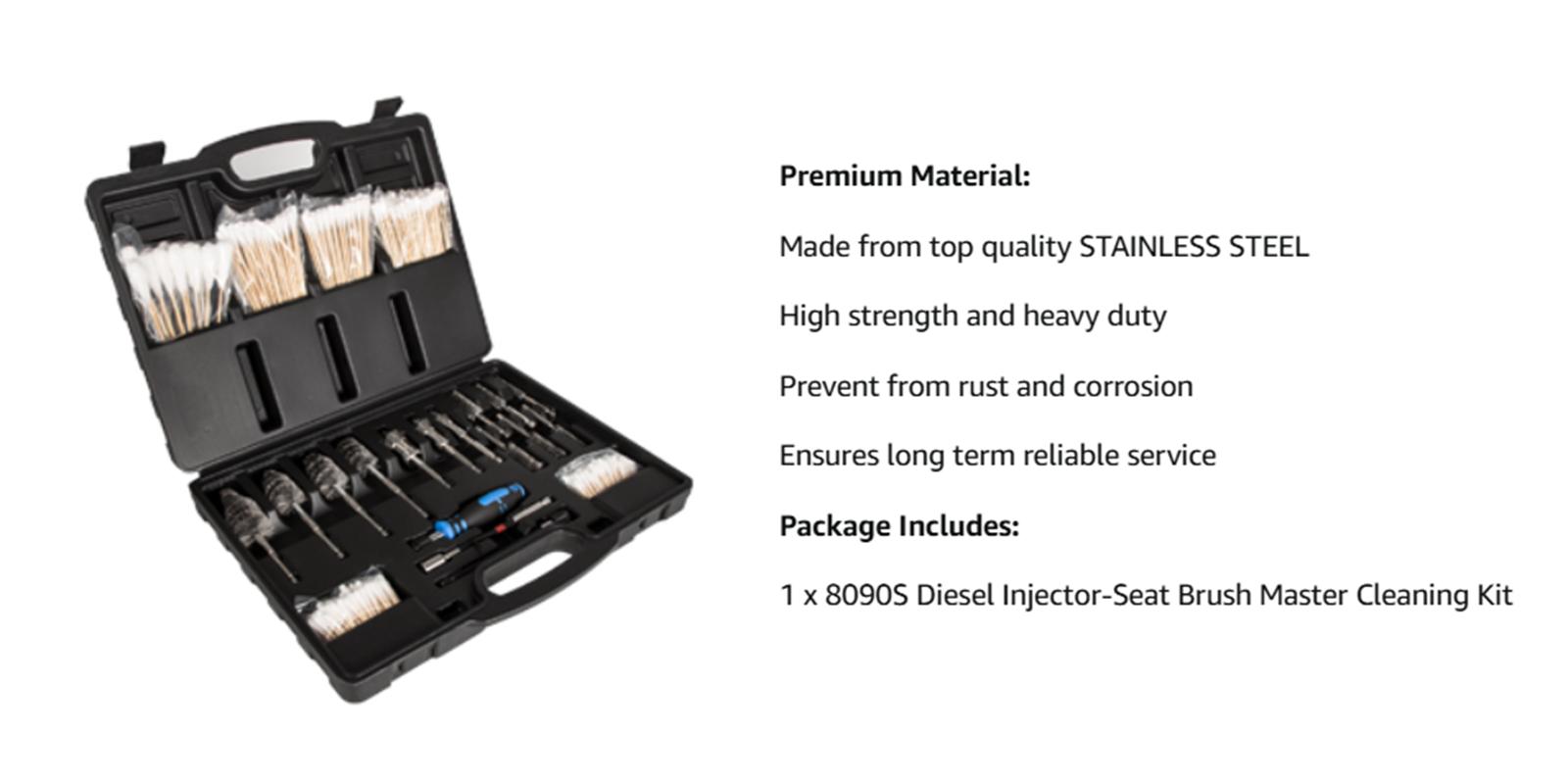 Professional Diesel Injector-Seat Cleaning Kit 8090S on Cylinder Heads, Including Helix Brushes, Two-Stage Brushes, Bore Brushes and Swabs (Stainless Steel, 17-Pack)